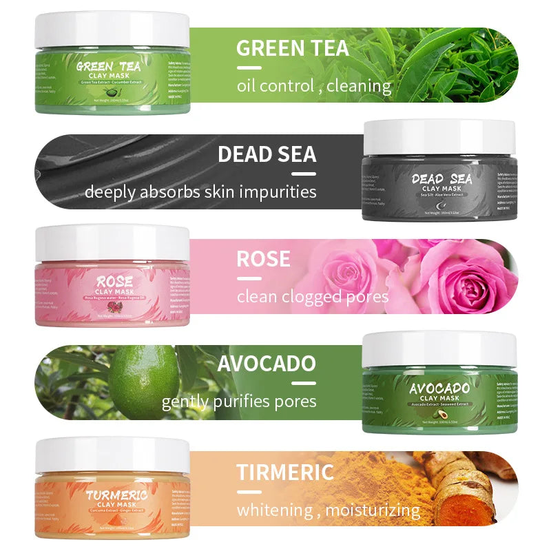 Turmeric Green Tea Rose Avocado Facial Mask Clay Mud Masks Moisturizing Removal Blackhead Whitening Face Mask Mud Skin Care