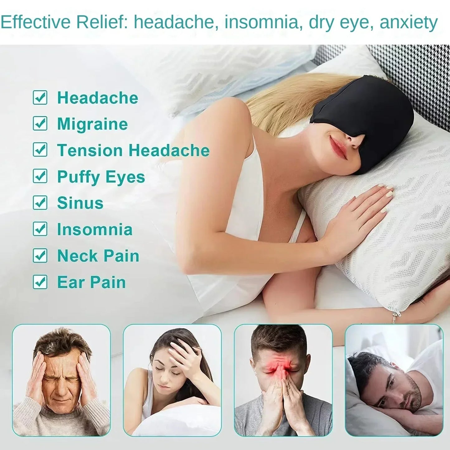 Migraine Relief Hat Headache Hat Gel Hot Cold Therapy Ice Cap for Relieve Pain Ice Hat Eye Mask Stress Pressure Helps with Sleep